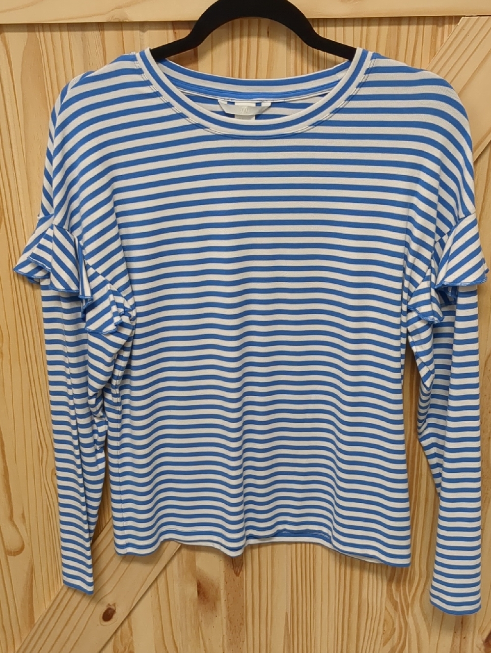 H&M Blue and White Striped Long-Sleeve Top with Ruffle Sleeves